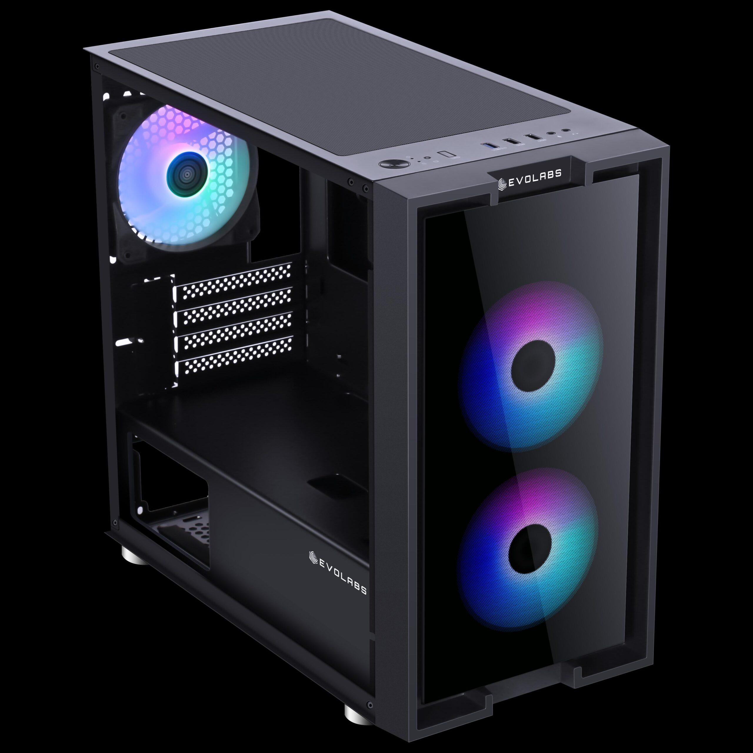 Gabinete EVOLABS INNOV8 EVO-210M negro con vidrio templado y 3 ventiladores ARGB